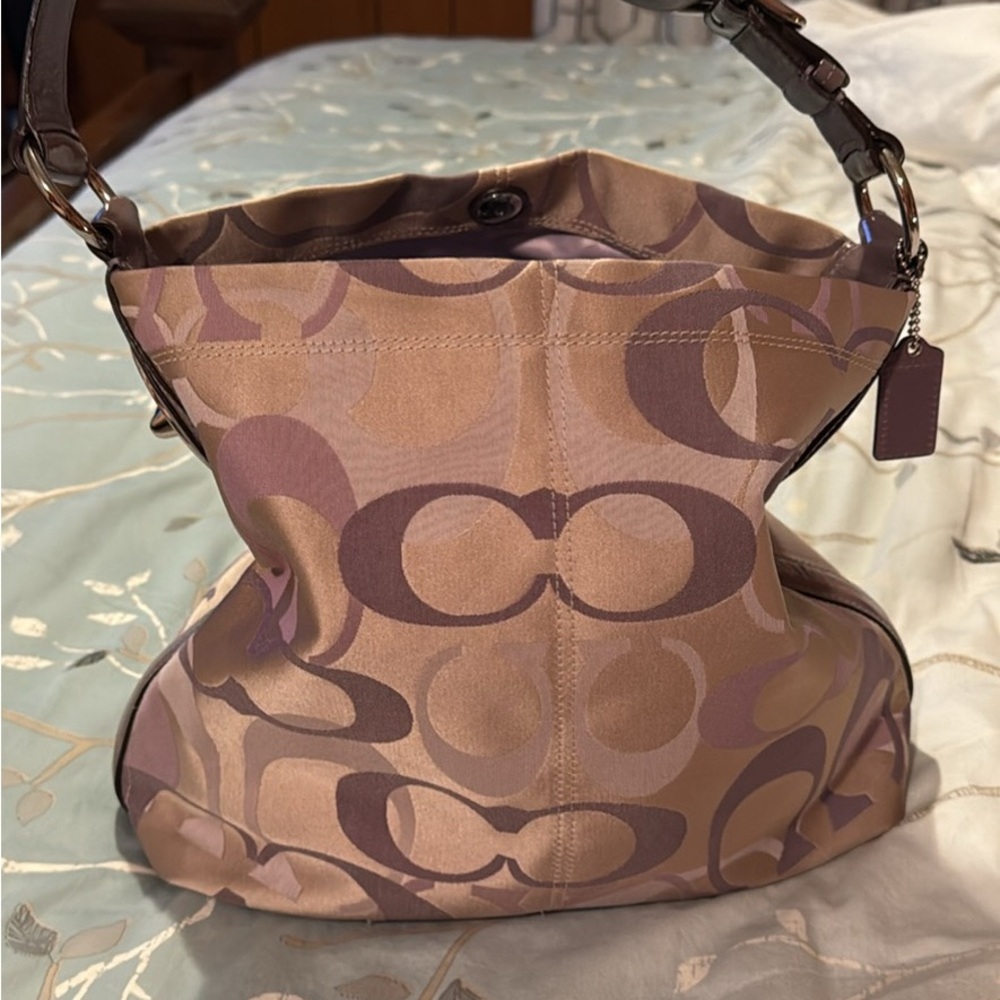 Coach Signature Tan and Purple Shoulder Bag